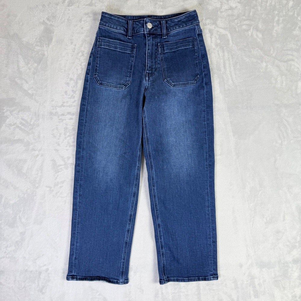 Quince Jeans Women 25 Dark Blue Wide Leg Front Patch Pocket High Rise Denim